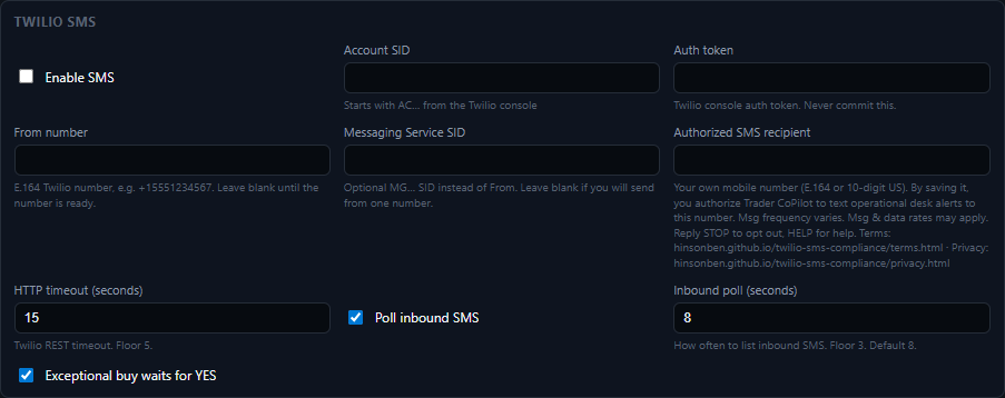 Trader CoPilot Settings, Twilio SMS section, showing the Authorized SMS recipient field with the SMS consent terms beneath it